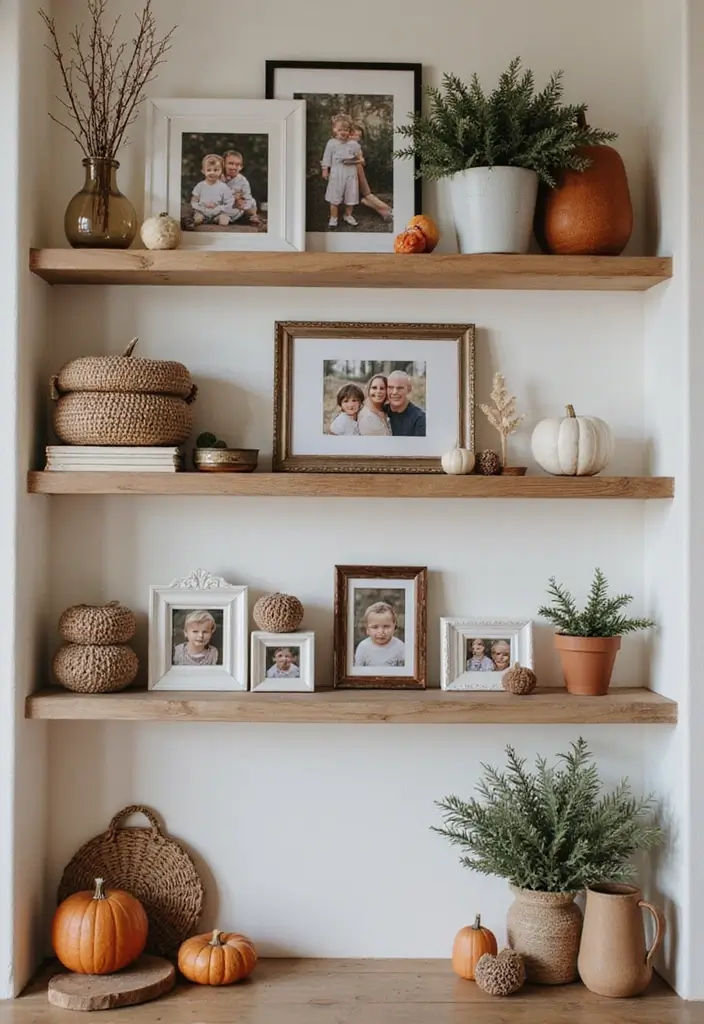 29 Fall Shelf Decor Ideas Living Room That Feel Warm and Seasonal - 29. Celebrate Family Memories