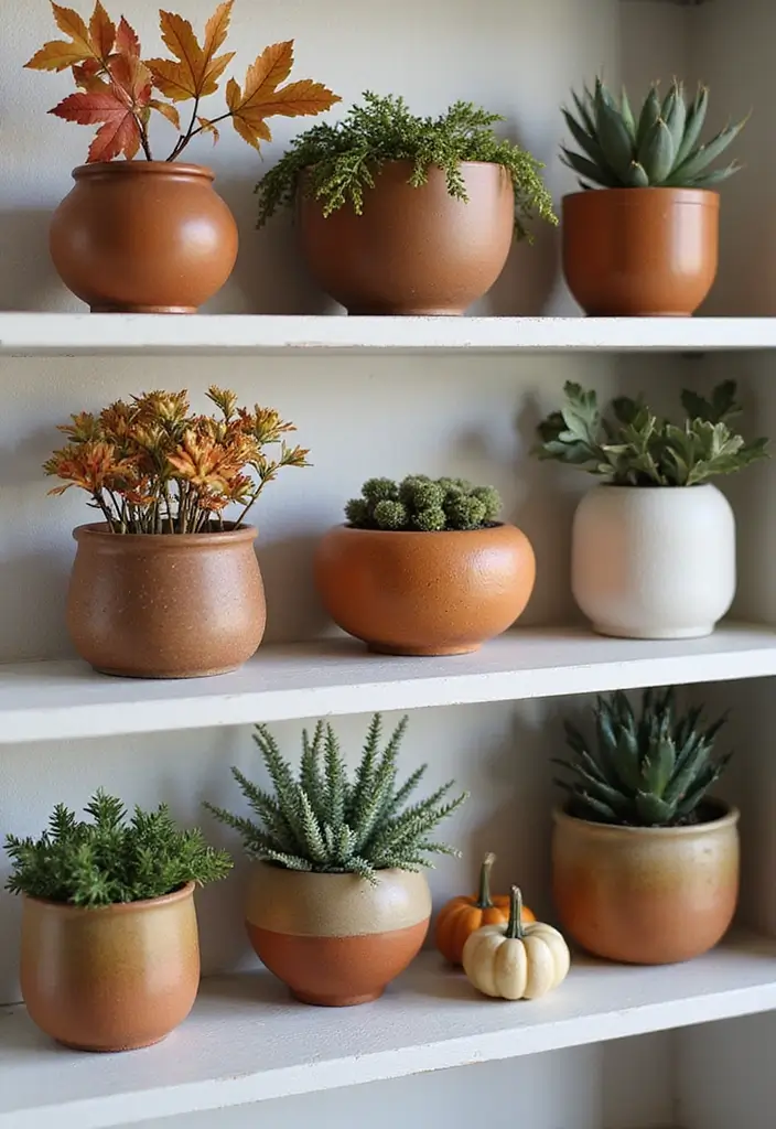 29 Fall Shelf Decor Ideas Living Room That Feel Warm and Seasonal - 4. Earthy Planters with Fall Foliage