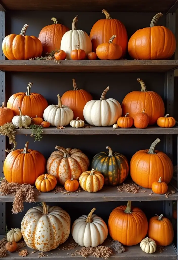 29 Fall Shelf Decor Ideas Living Room That Feel Warm and Seasonal - 7. Colorful Pumpkins as Accents