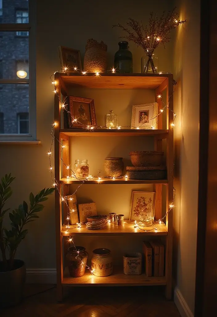 29 Fall Shelf Decor Ideas Living Room That Feel Warm and Seasonal - 9. Whimsical Fairy Lights