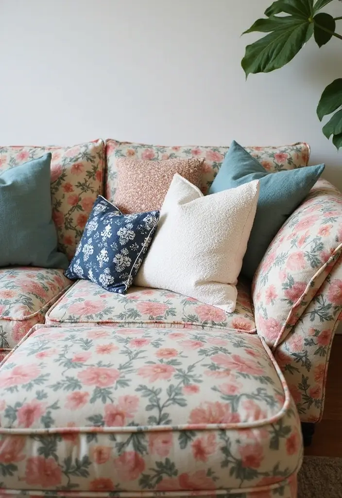 29 Floral Couch Living Room Vintage Ideas That Feel Romantic and Retro - 11. Throw Pillows Galore