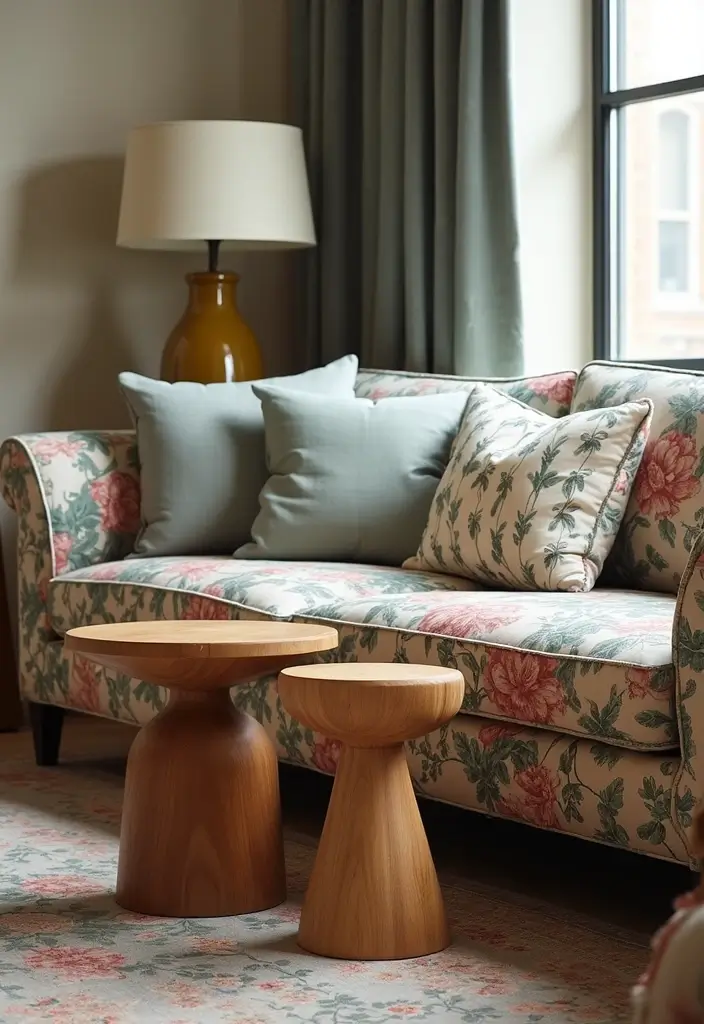 29 Floral Couch Living Room Vintage Ideas That Feel Romantic and Retro - 12. Unique Side Tables