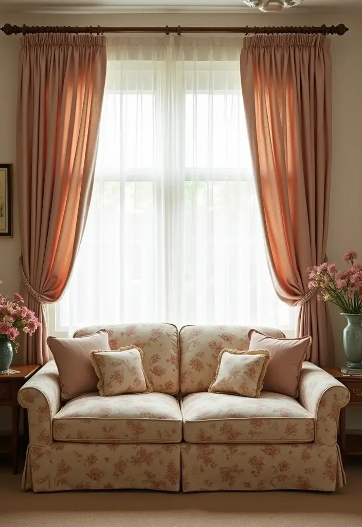29 Floral Couch Living Room Vintage Ideas That Feel Romantic and Retro - 13. Beautiful Curtains