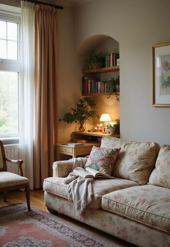 29 Floral Couch Living Room Vintage Ideas That Feel Romantic and Retro - 14. Charming Book Nooks