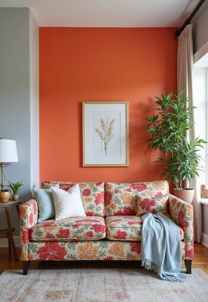 29 Floral Couch Living Room Vintage Ideas That Feel Romantic and Retro - 15. Colorful Accent Walls