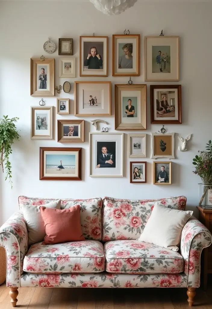 29 Floral Couch Living Room Vintage Ideas That Feel Romantic and Retro - 16. Creative Display of Personal Items