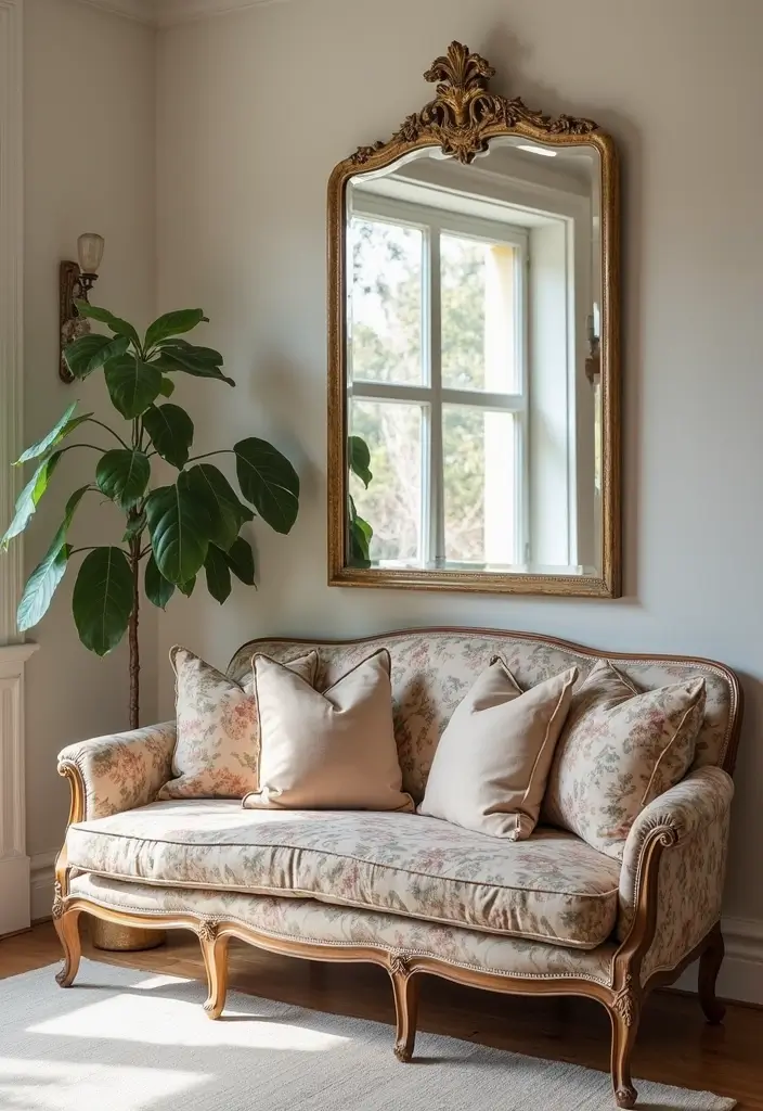 29 Floral Couch Living Room Vintage Ideas That Feel Romantic and Retro - 17. Vintage Mirrors
