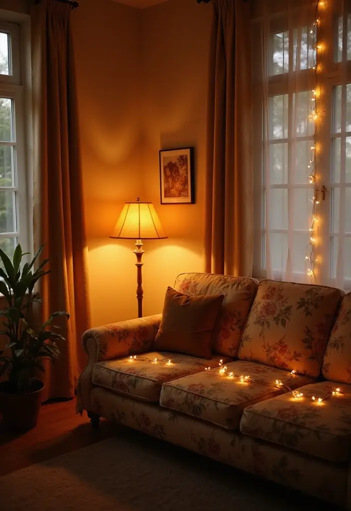 29 Floral Couch Living Room Vintage Ideas That Feel Romantic and Retro - 18. Soft Lighting Options