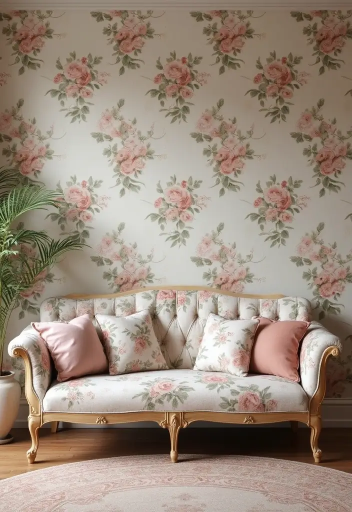 29 Floral Couch Living Room Vintage Ideas That Feel Romantic and Retro - 19. Floral Wallpaper