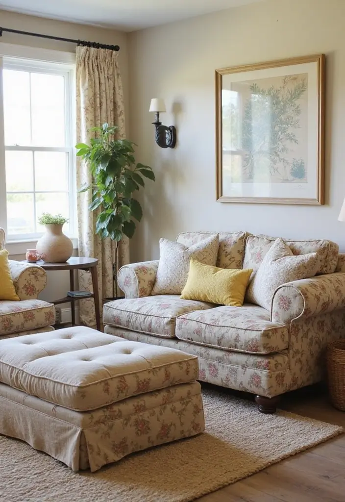 29 Floral Couch Living Room Vintage Ideas That Feel Romantic and Retro - 21. Cozy Ottoman Alternatives