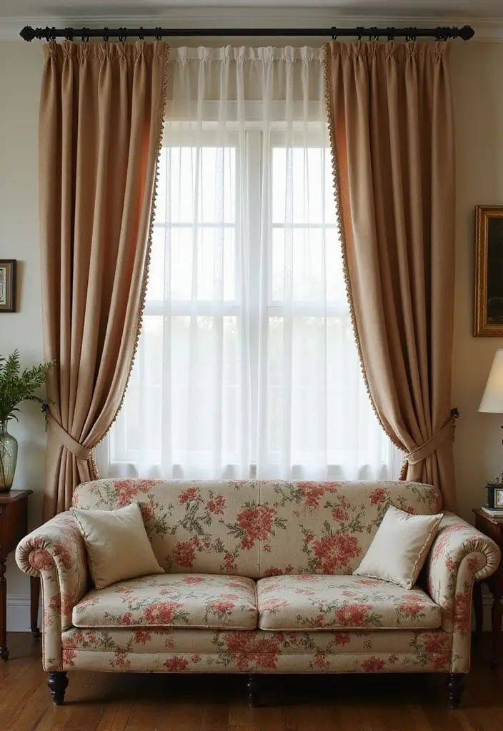 29 Floral Couch Living Room Vintage Ideas That Feel Romantic and Retro - 22. Layered Curtains