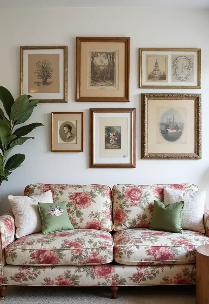 29 Floral Couch Living Room Vintage Ideas That Feel Romantic and Retro - 27. Vintage Artwork