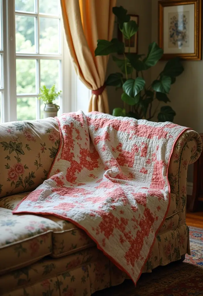 29 Floral Couch Living Room Vintage Ideas That Feel Romantic and Retro - 28. Quilted Throw Blankets