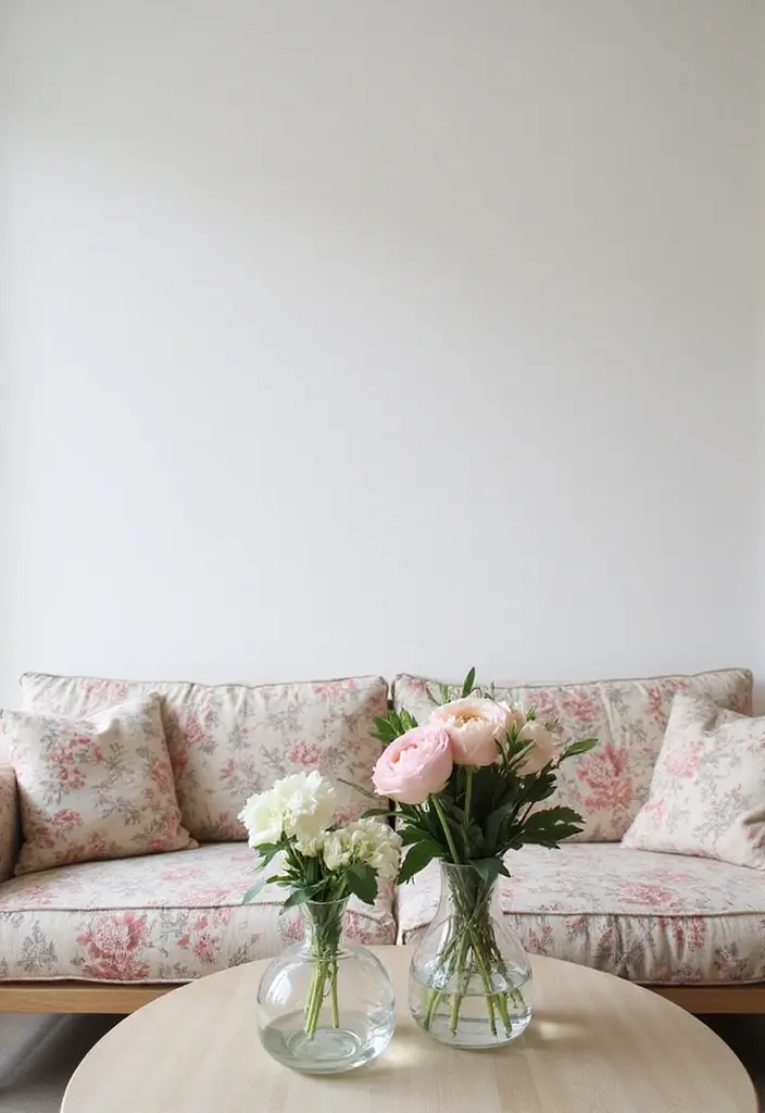 29 Floral Couch Living Room Vintage Ideas That Feel Romantic and Retro - 6. Minimalist Flower Arrangements