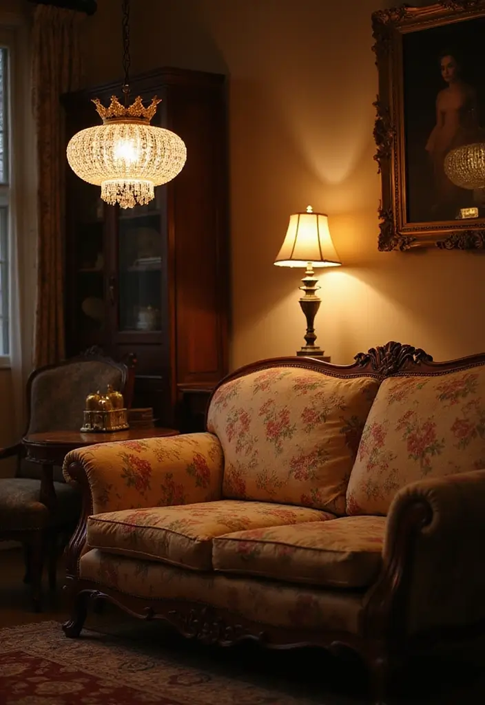 29 Floral Couch Living Room Vintage Ideas That Feel Romantic and Retro - 7. Statement Lighting