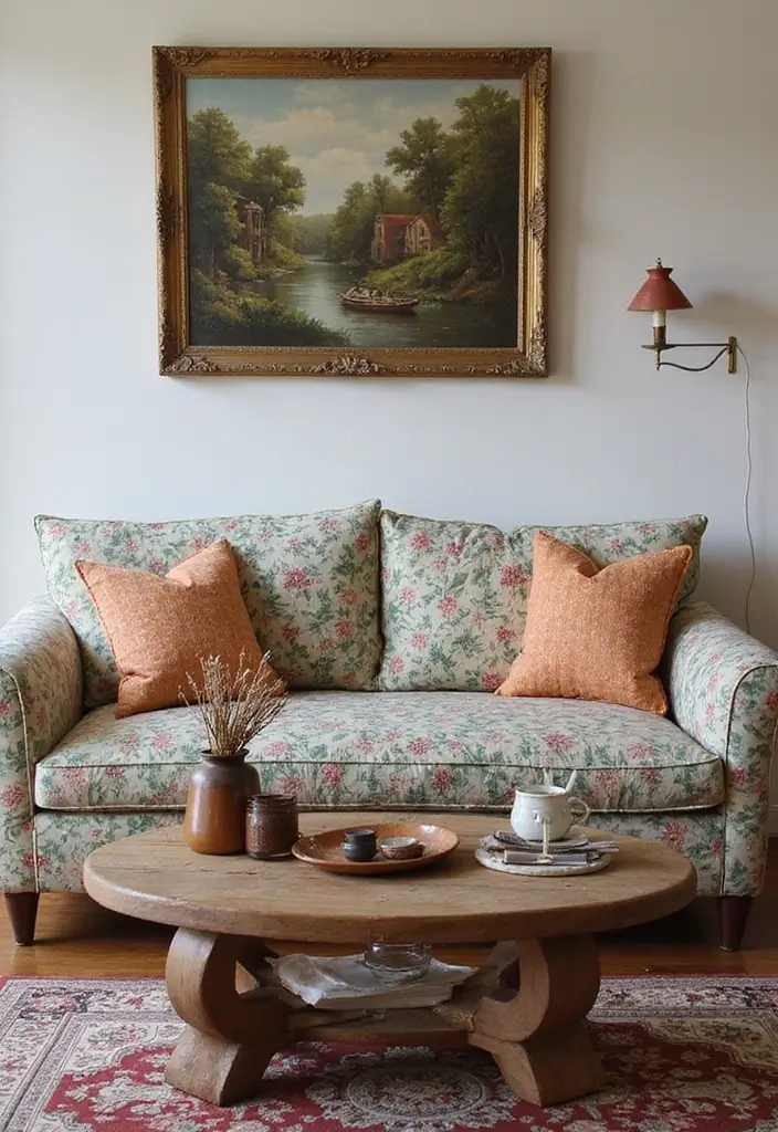 29 Floral Couch Living Room Vintage Ideas That Feel Romantic and Retro - 8. Eclectic Coffee Tables