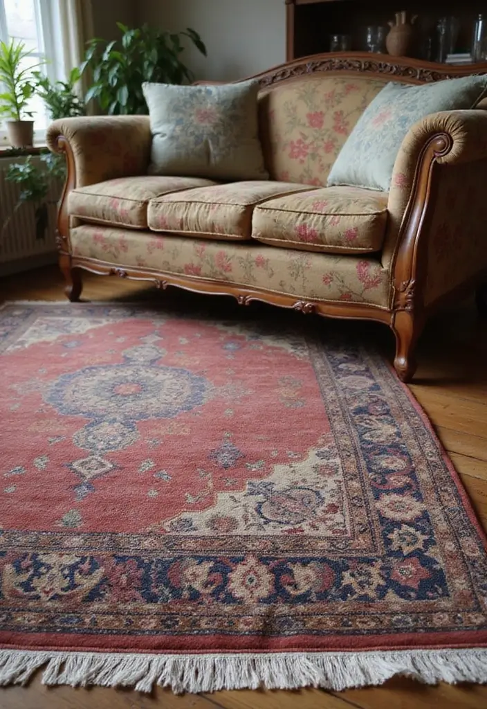 29 Floral Couch Living Room Vintage Ideas That Feel Romantic and Retro - 9. Vintage Rugs