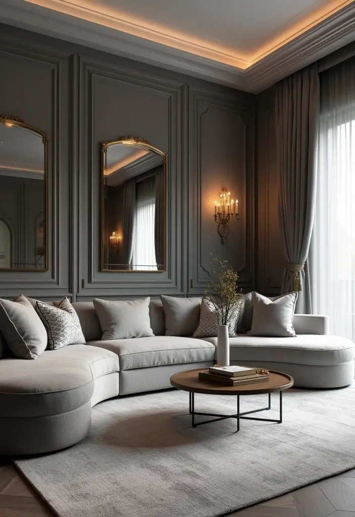 29 Grey Modern Living Room Ideas That Feel Contemporary and Calm - 12. Elegant Grey with Gold Touches