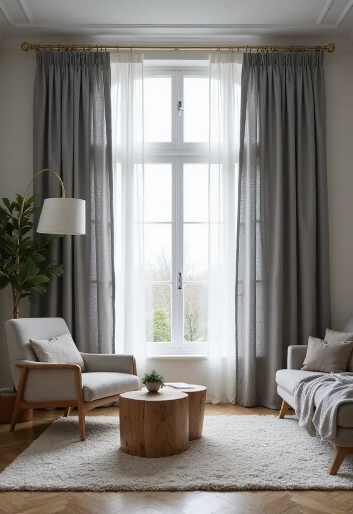 29 Grey Modern Living Room Ideas That Feel Contemporary and Calm - 16. Dramatic Grey Curtains