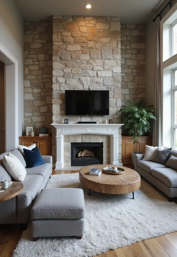 29 Grey Modern Living Room Ideas That Feel Contemporary and Calm - 22. Natural Grey Stone Accents