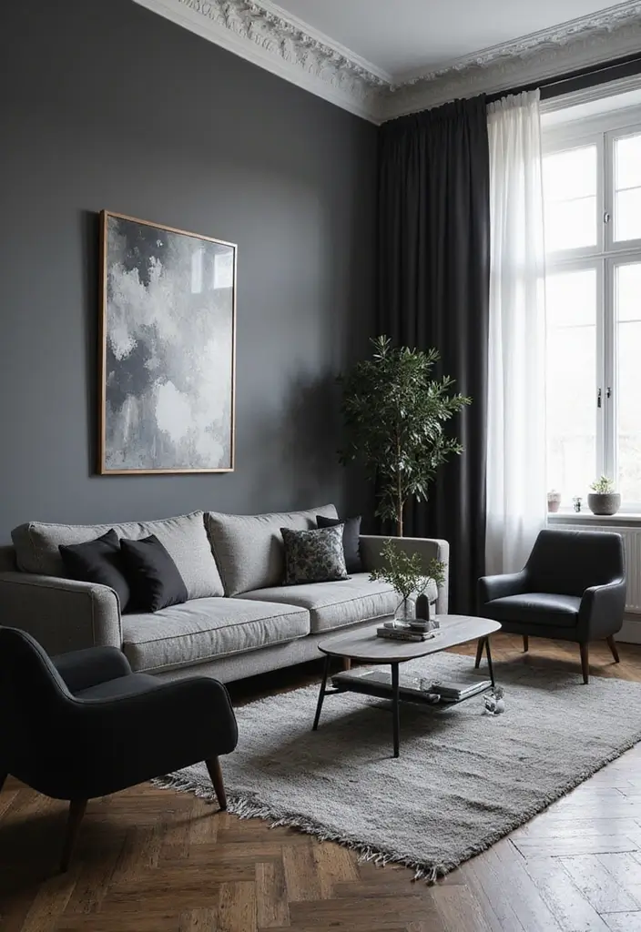 29 Grey Modern Living Room Ideas That Feel Contemporary and Calm - 26. Grey and Black Contrast