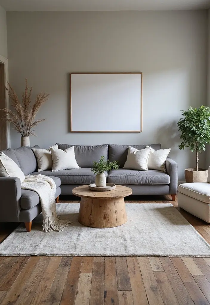 29 Grey Modern Living Room Ideas That Feel Contemporary and Calm - 27. Grey with Rustic Charm