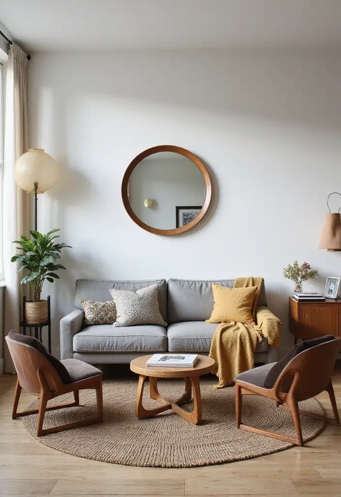 29 Grey Modern Living Room Ideas That Feel Contemporary and Calm - 8. Mid-Century Modern Meets Grey