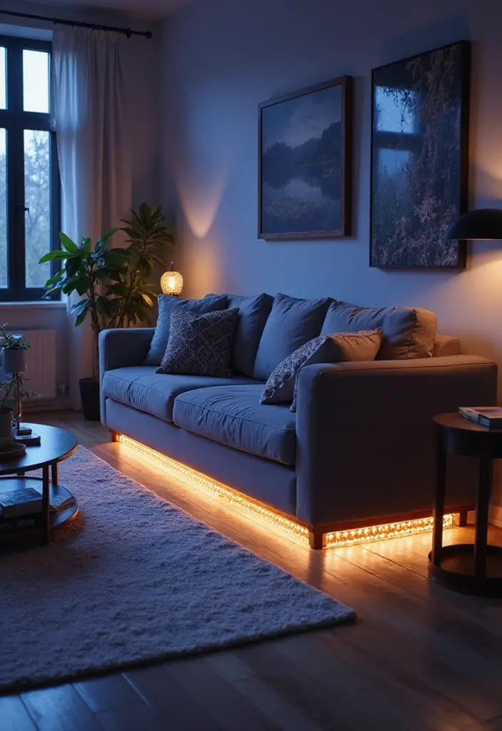 29 LED Living Room Ideas That Add Ambiance and Glow - 1. Under-Couch LED Strips