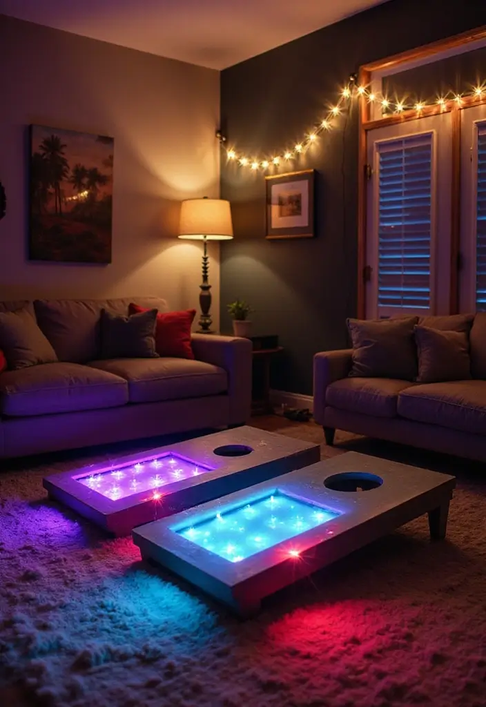 29 LED Living Room Ideas That Add Ambiance and Glow - 15. LED Cornhole Game Lights