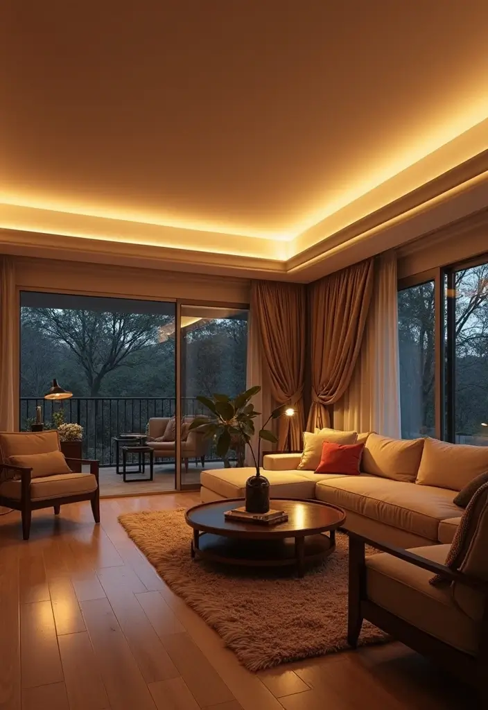 29 LED Living Room Ideas That Add Ambiance and Glow - 5. LED Strip Lighting on Ceilings