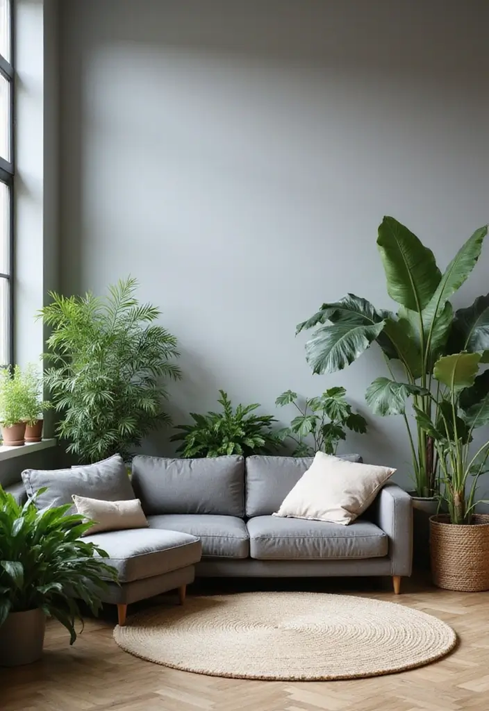 29 Living Room Grey Ideas That Feel Modern and Neutral - 15. Greenery for a Fresh Touch