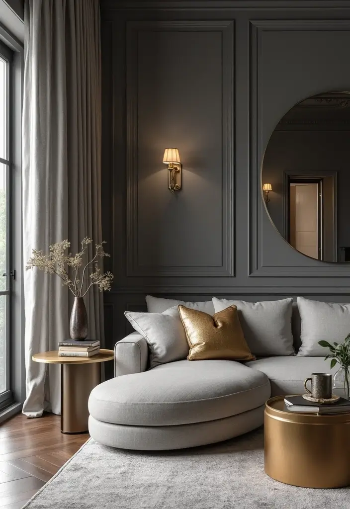 29 Living Room Grey Ideas That Feel Modern and Neutral - 16. Grey and Gold Accent