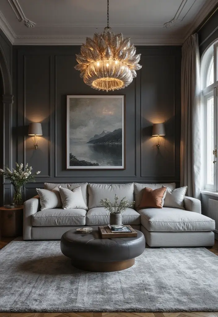 29 Living Room Grey Ideas That Feel Modern and Neutral - 19. Statement Lighting