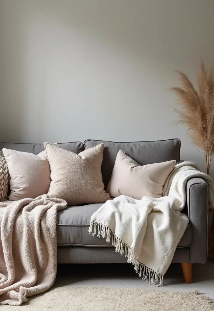 29 Living Room Grey Ideas That Feel Modern and Neutral - 21. Style with Throws and Blankets