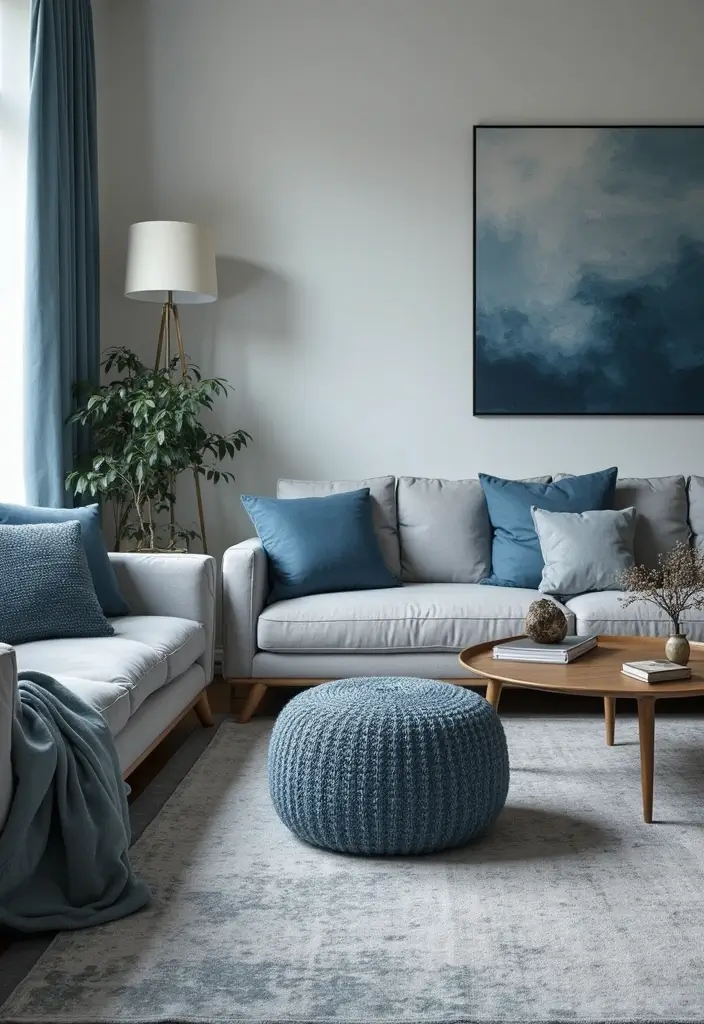 29 Living Room Grey Ideas That Feel Modern and Neutral - 29. Grey and Blue Accent