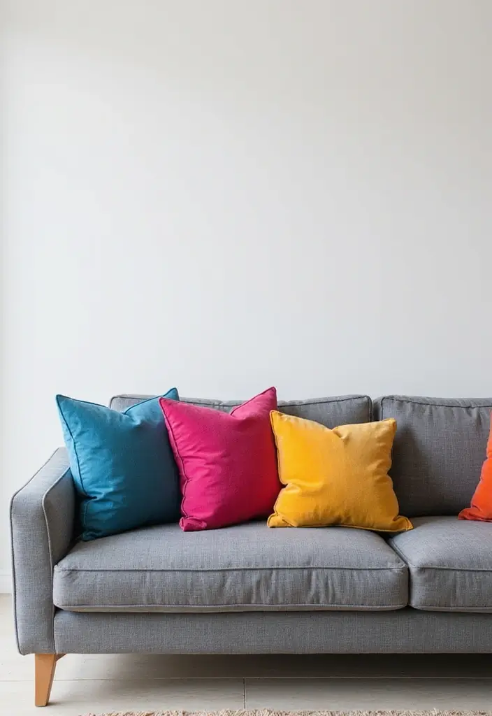 29 Living Room Grey Ideas That Feel Modern and Neutral - 6. Bright Accent Pillows