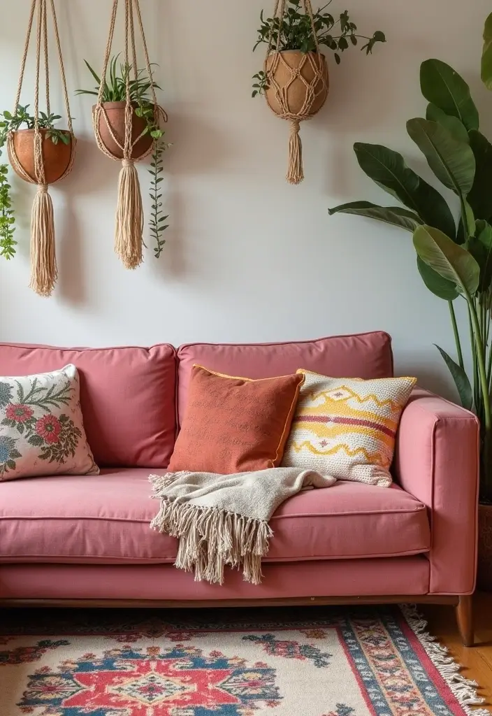 29 Pink Couch Living Room Ideas That Feel Fun and Feminine - 1. Bohemian Chic with a Pink Touch