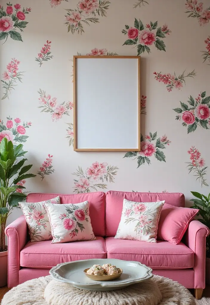 29 Pink Couch Living Room Ideas That Feel Fun and Feminine - 11. Feminine Floral Accents
