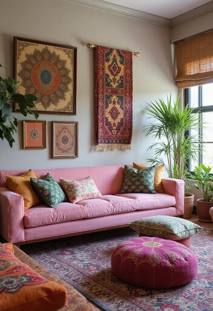 29 Pink Couch Living Room Ideas That Feel Fun and Feminine - 13. Global Inspired Decor