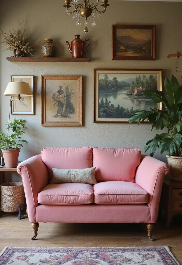 29 Pink Couch Living Room Ideas That Feel Fun and Feminine - 14. Vintage Finds
