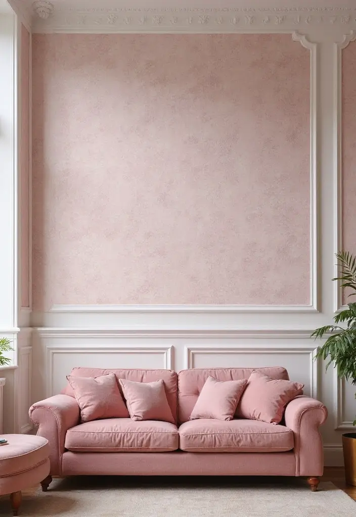 29 Pink Couch Living Room Ideas That Feel Fun and Feminine - 15. Textured Wall Treatments