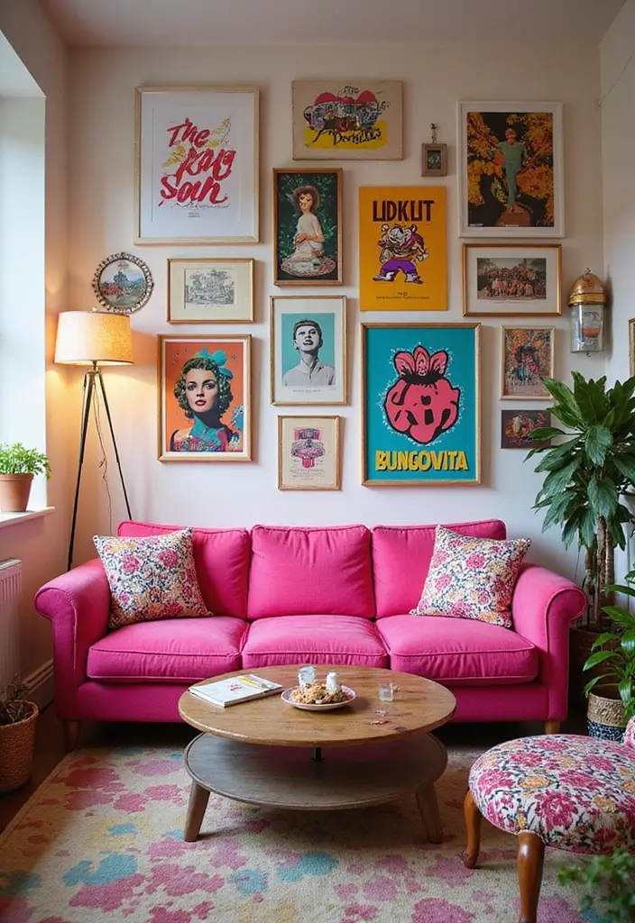 29 Pink Couch Living Room Ideas That Feel Fun and Feminine - 16. Retro Pop Art