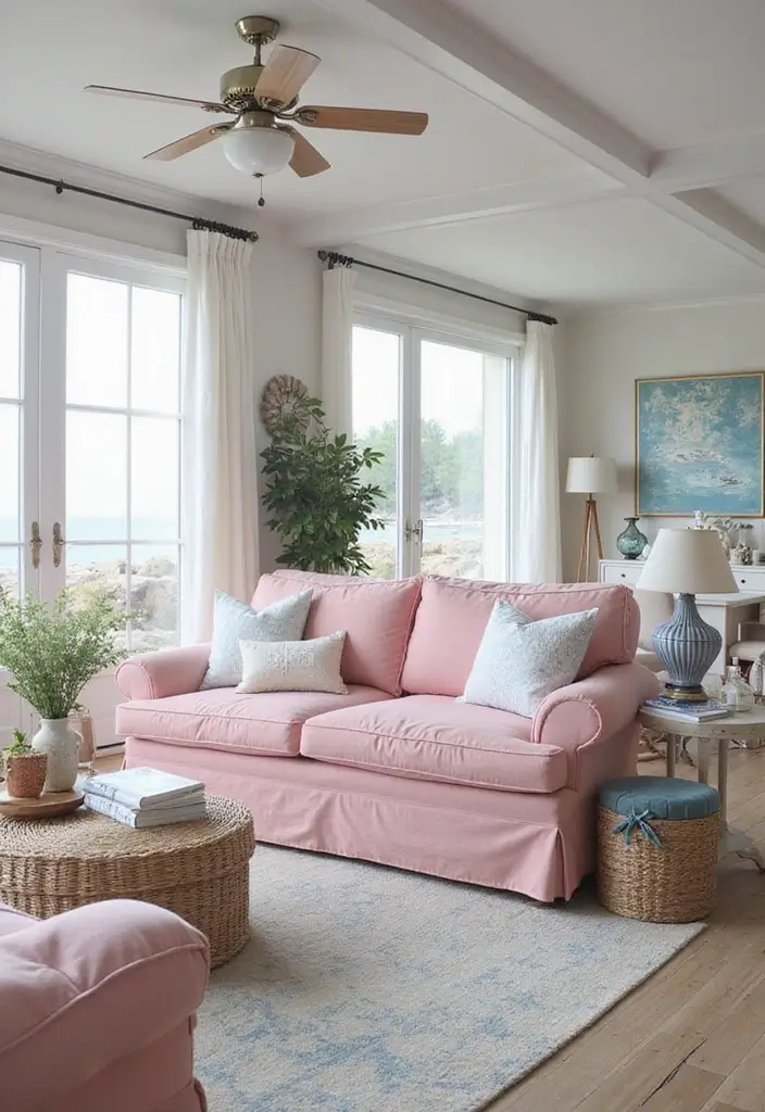 29 Pink Couch Living Room Ideas That Feel Fun and Feminine - 17. Nautical Beachy Vibes