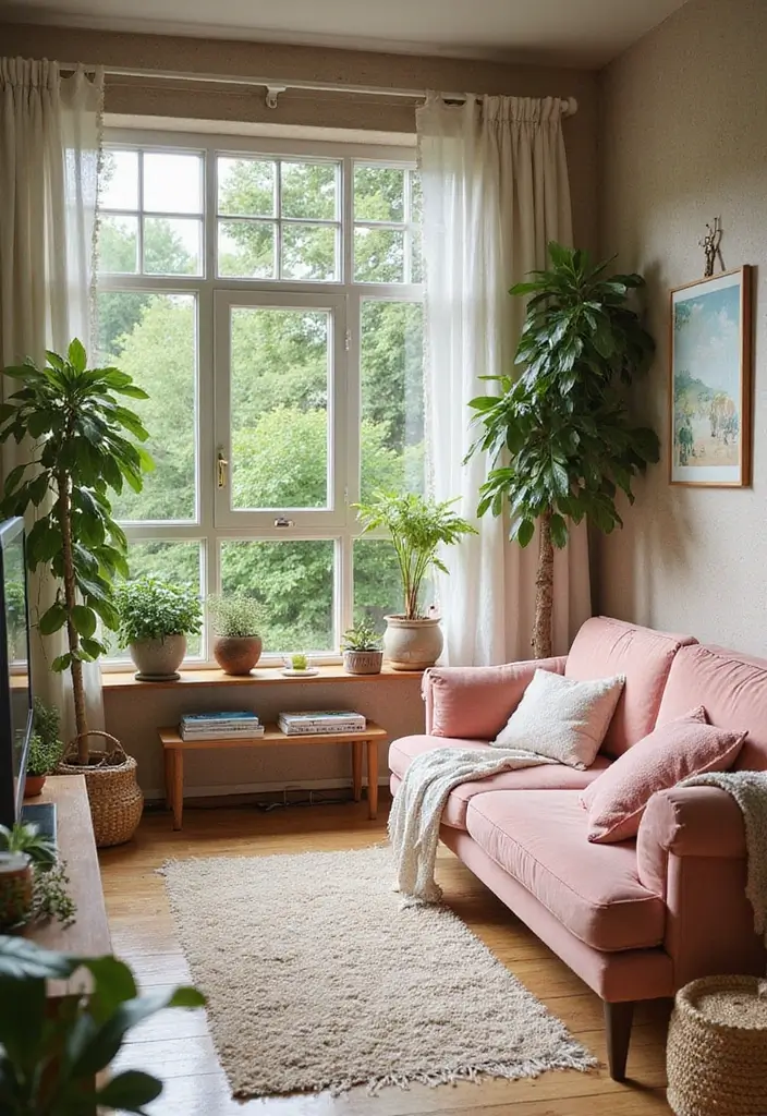 29 Pink Couch Living Room Ideas That Feel Fun and Feminine - 19. Nature-Inspired