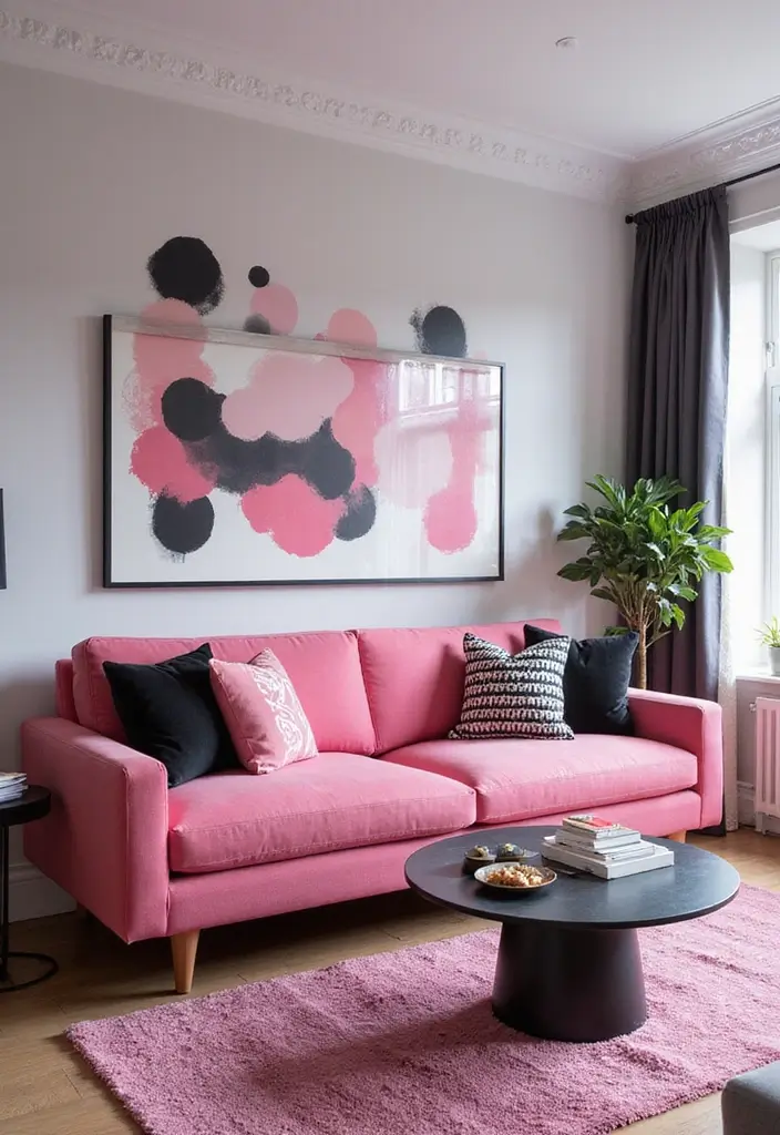 29 Pink Couch Living Room Ideas That Feel Fun and Feminine - 20. Bold Monochrome
