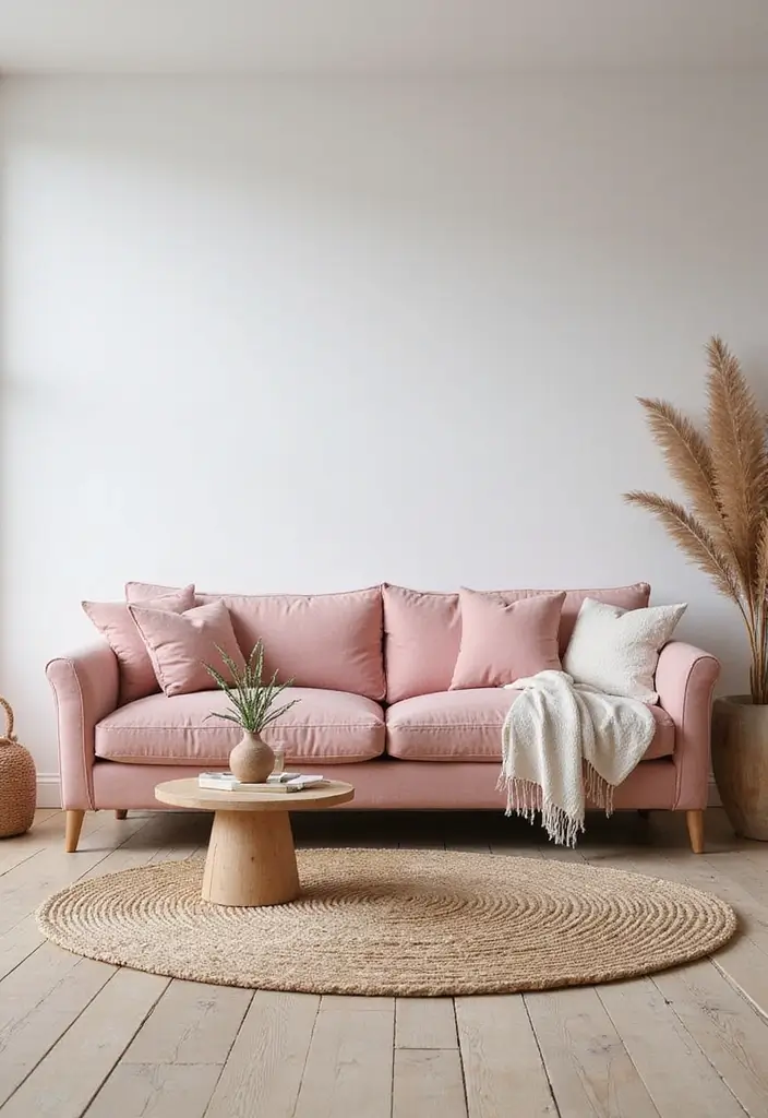 29 Pink Couch Living Room Ideas That Feel Fun and Feminine - 24. Cozy Scandinavian