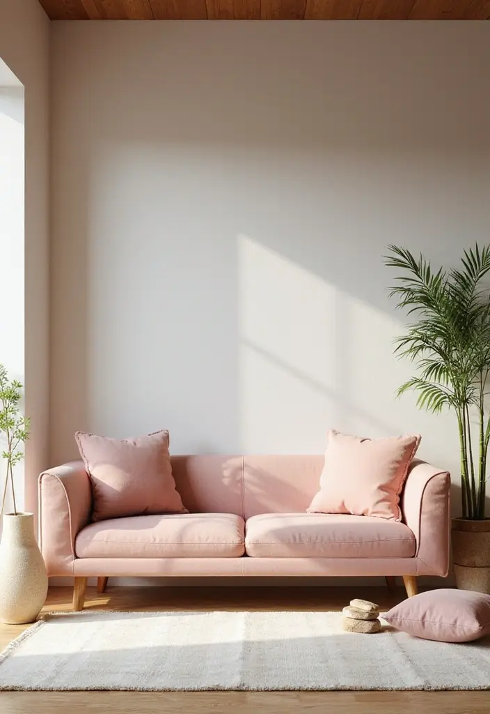 29 Pink Couch Living Room Ideas That Feel Fun and Feminine - 25. Zen Retreat