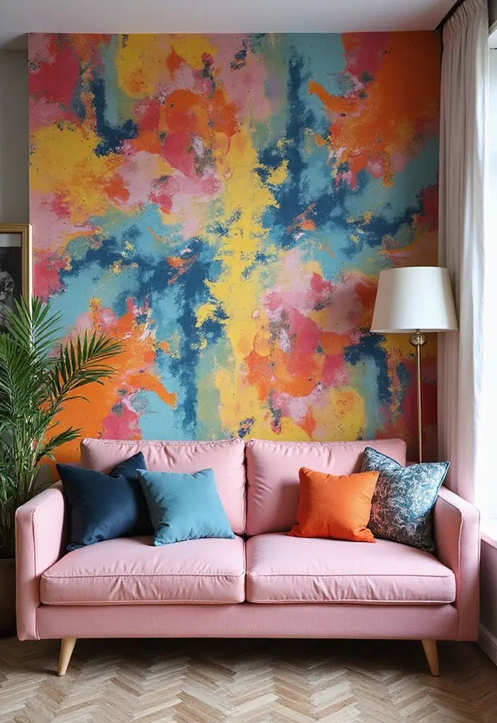 29 Pink Couch Living Room Ideas That Feel Fun and Feminine - 26. Artistic Mural Backdrop