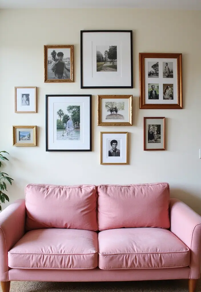 29 Pink Couch Living Room Ideas That Feel Fun and Feminine - 28. Personal Gallery Wall