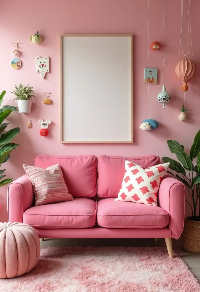 29 Pink Couch Living Room Ideas That Feel Fun and Feminine - 29. Whimsical Accents